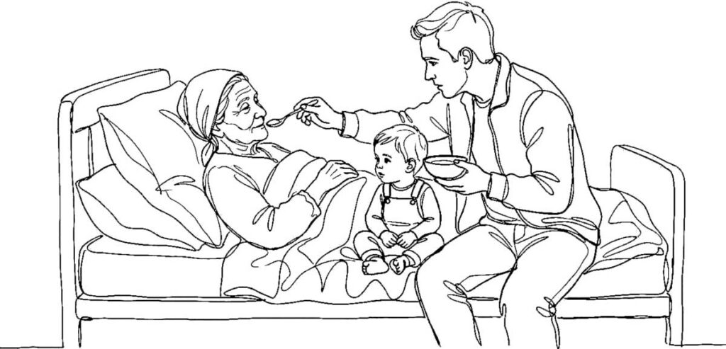 anak laki caregiver menyuapi ibu lansia di tempat tidur1